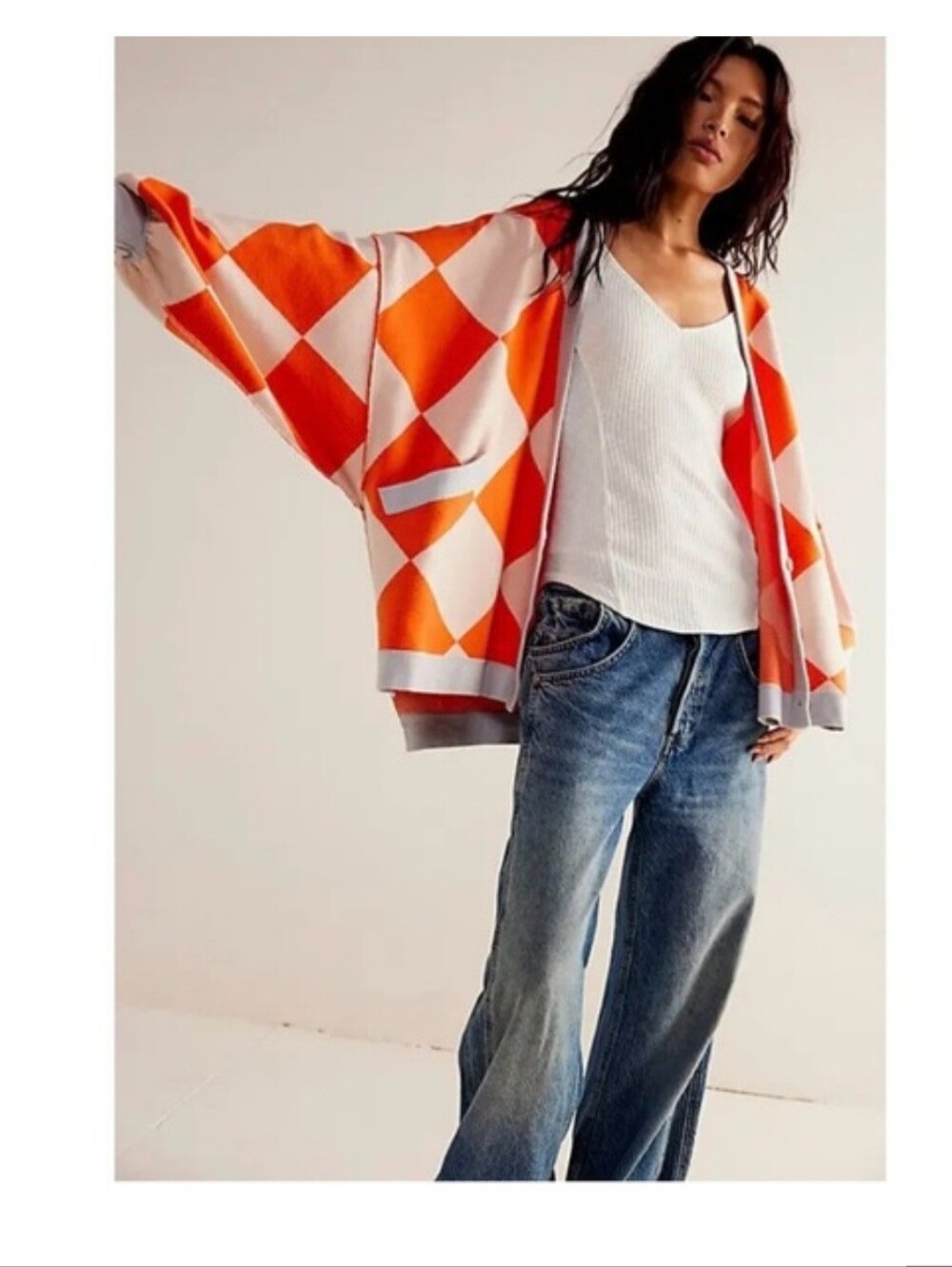 We The Free Manny Argyle Orange Creamsicle Oversized Cardigan SM fits up to XL
